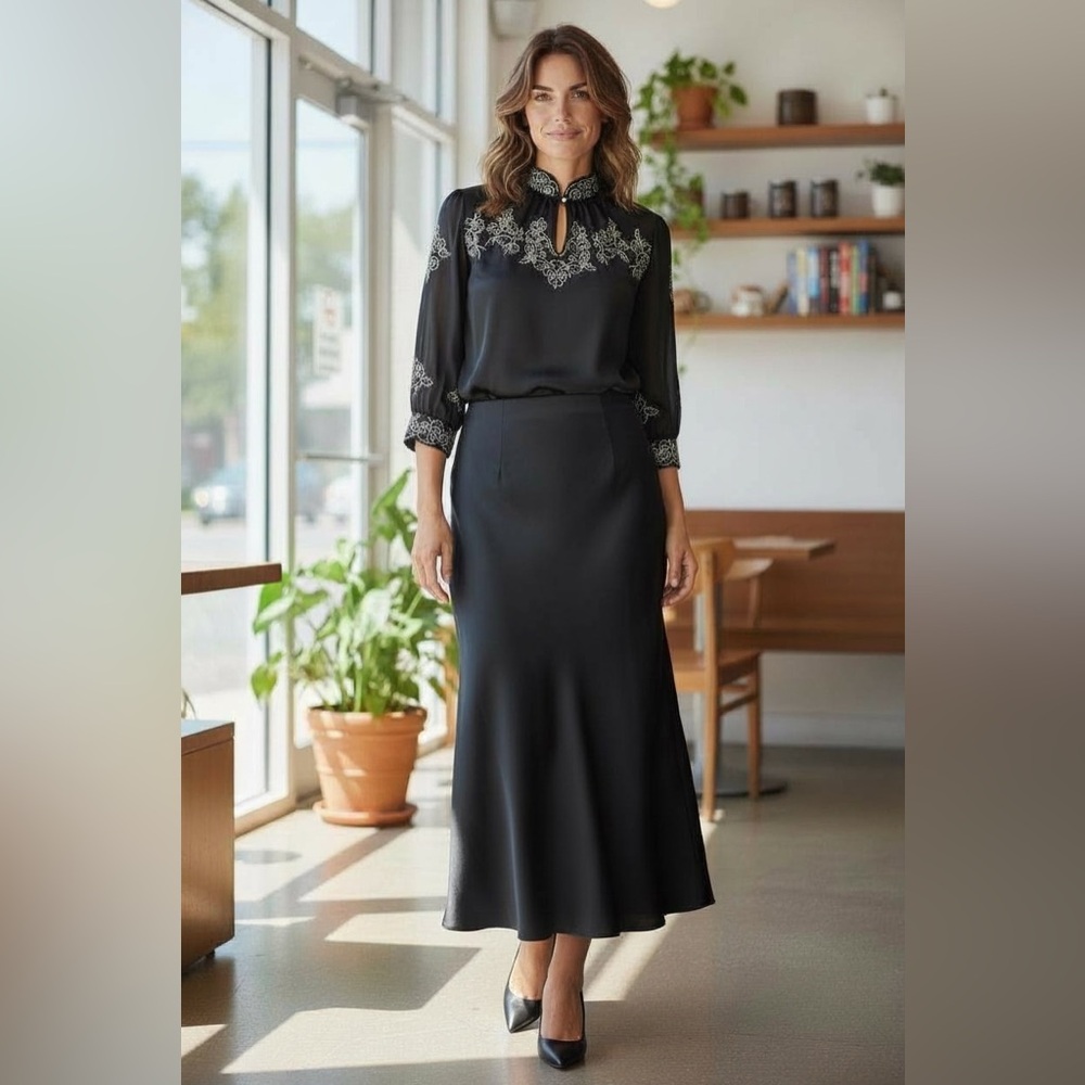 Scott McClintock Black Satin Maxi Skirt | Size 4 | Elegant Formal Classic